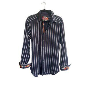 Robert Graham Shirt XL Mens Blue Stripe Floral Embroidery Cotton Button up #4865